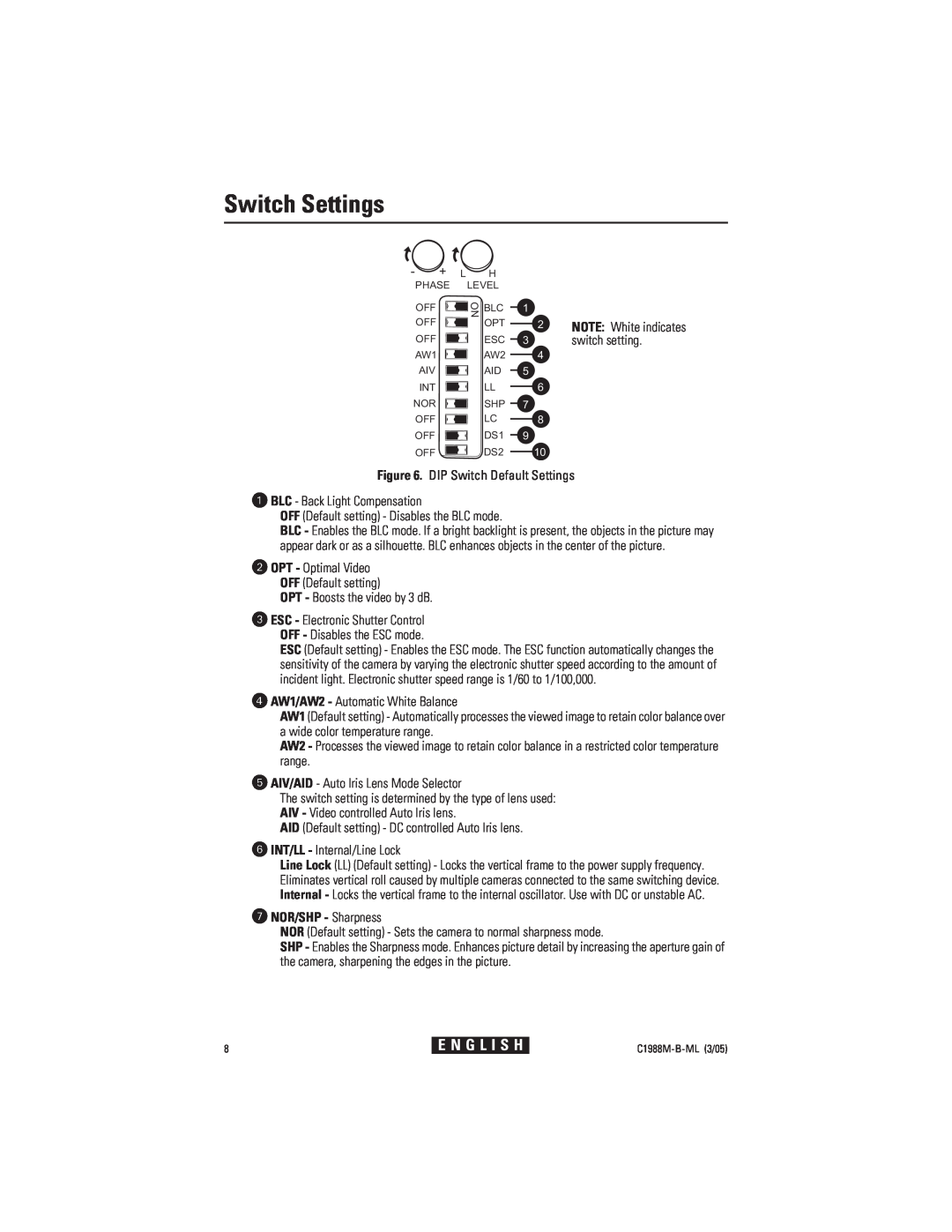 Pelco CC3751H-2 manual Switch Settings, NOR/SHP - Sharpness, E N G L I S H 