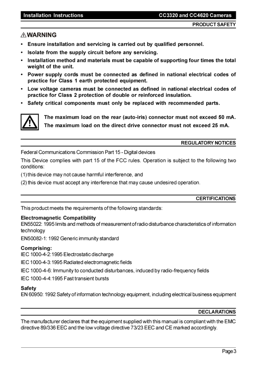 Pelco C1932M, CC4620 operation manual Product Safety, Regulatory Notices, Certifications, Declarations 