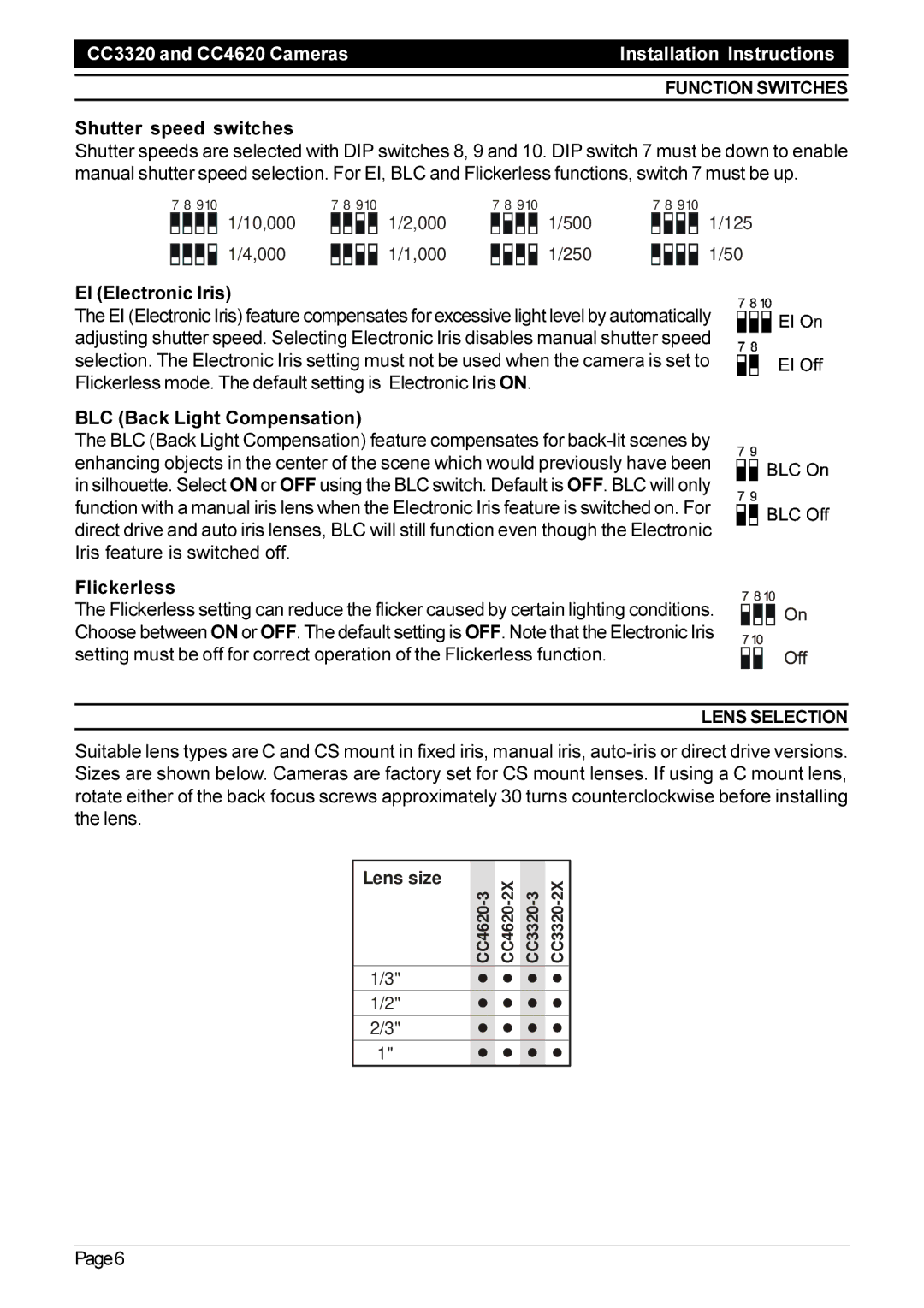 Pelco CC4620, C1932M operation manual Function Switches, Lens Selection 