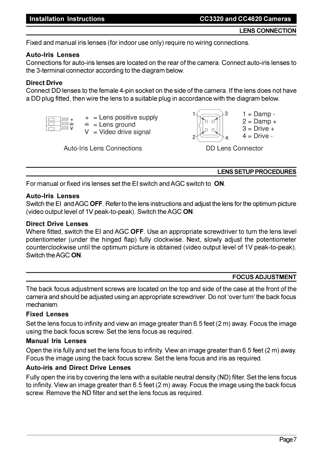 Pelco C1932M, CC4620 operation manual Lens Connection, Lens Setup Procedures, Focus Adjustment 