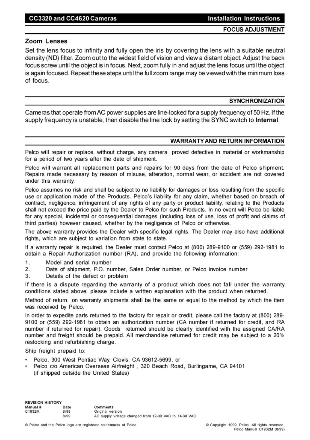 Pelco CC4620, C1932M operation manual Focus Adjustment, Zoom Lenses, Synchronization, Warranty and Return Information 