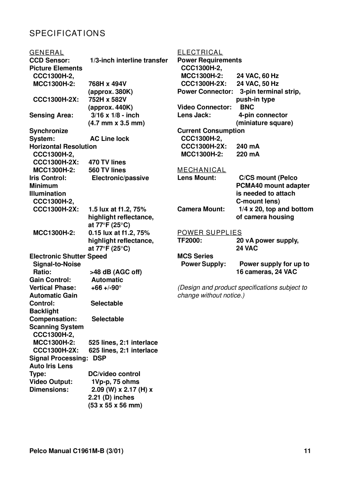 Pelco MCC1300H-2, CCC1300H-2X operation manual Specifications, General Electrical, Bnc, Mechanical, Power Supplies 