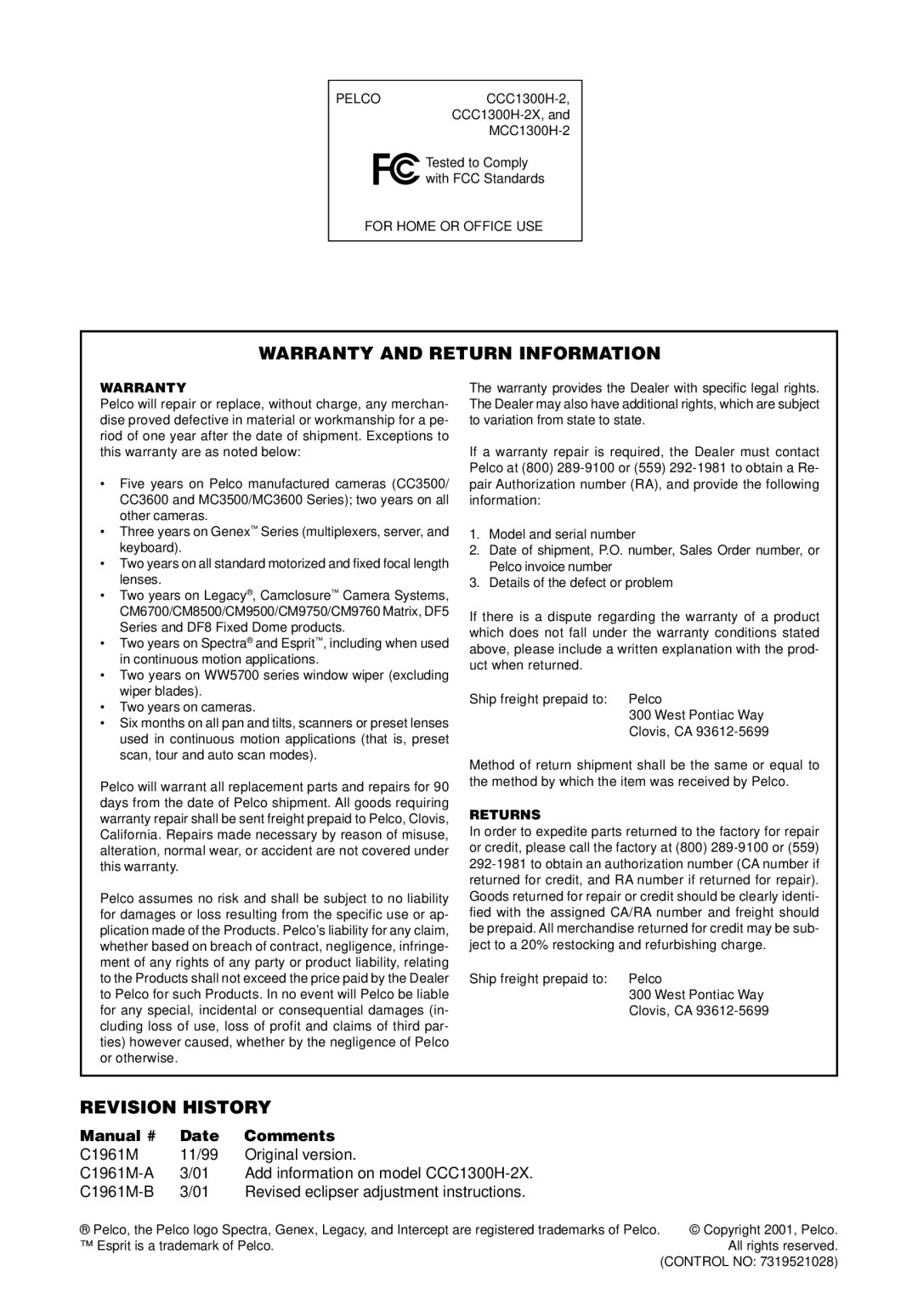 Pelco CCC1300H-2X, MCC1300H-2 operation manual Warranty and Return Information, Revision History 