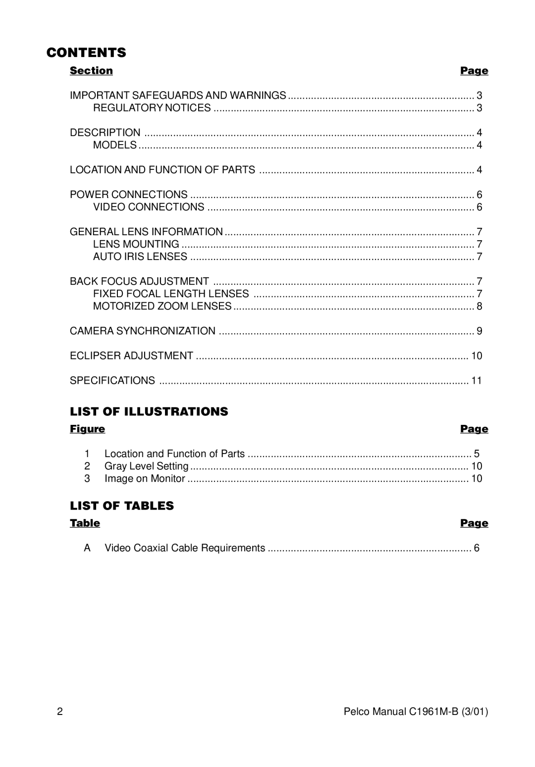 Pelco CCC1300H-2X, MCC1300H-2 operation manual Contents 