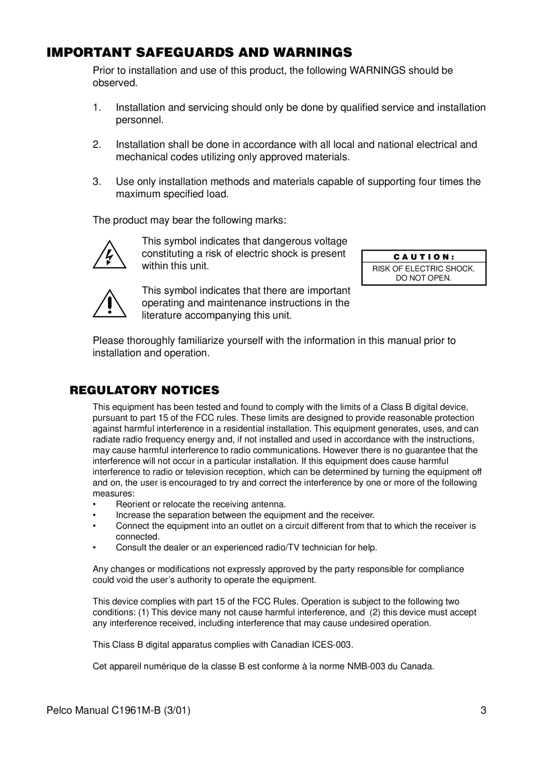 Pelco MCC1300H-2, CCC1300H-2X operation manual Important Safeguards and Warnings, Regulatory Notices 