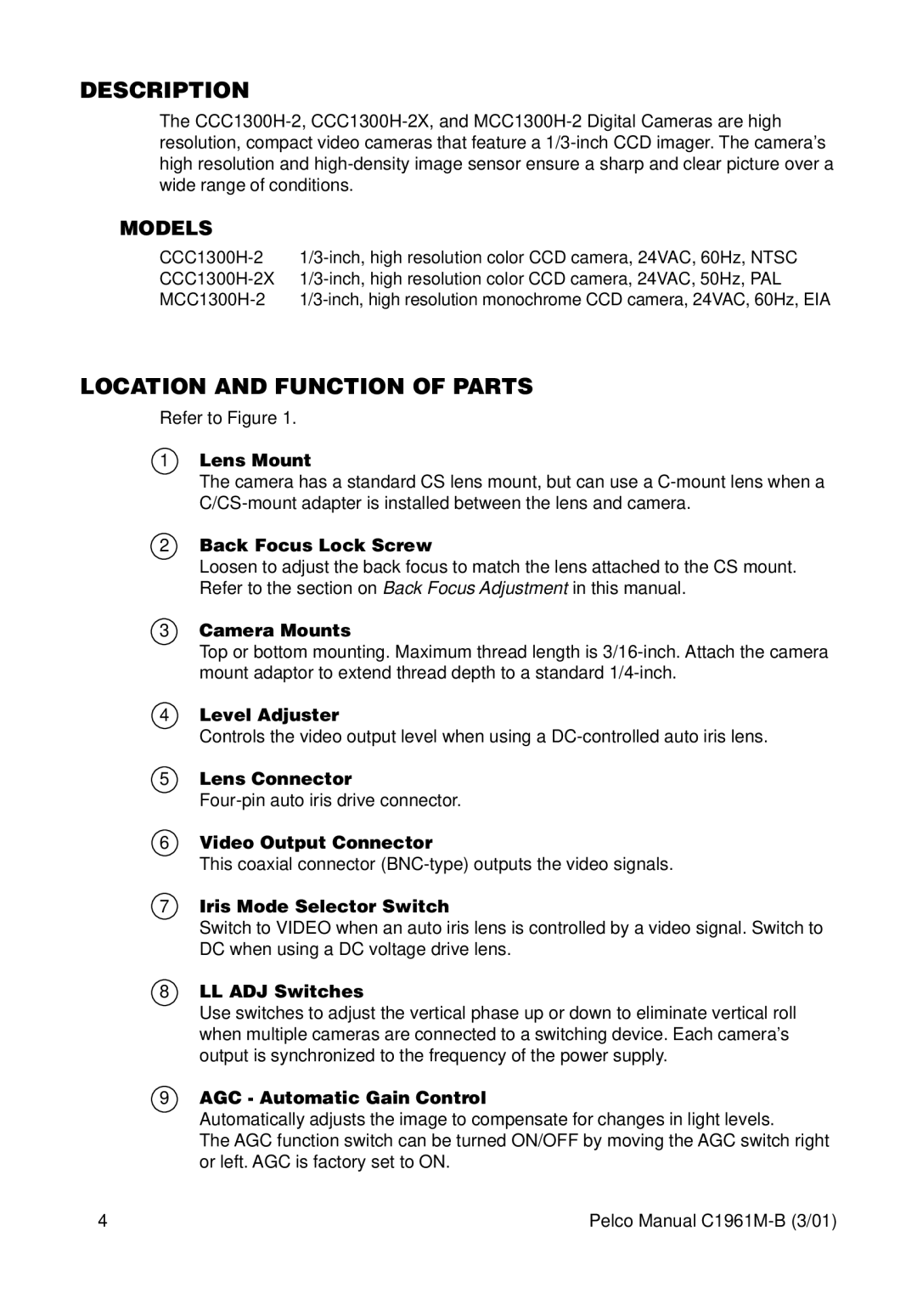 Pelco CCC1300H-2X, MCC1300H-2 operation manual Description, Location and Function of Parts, Models 