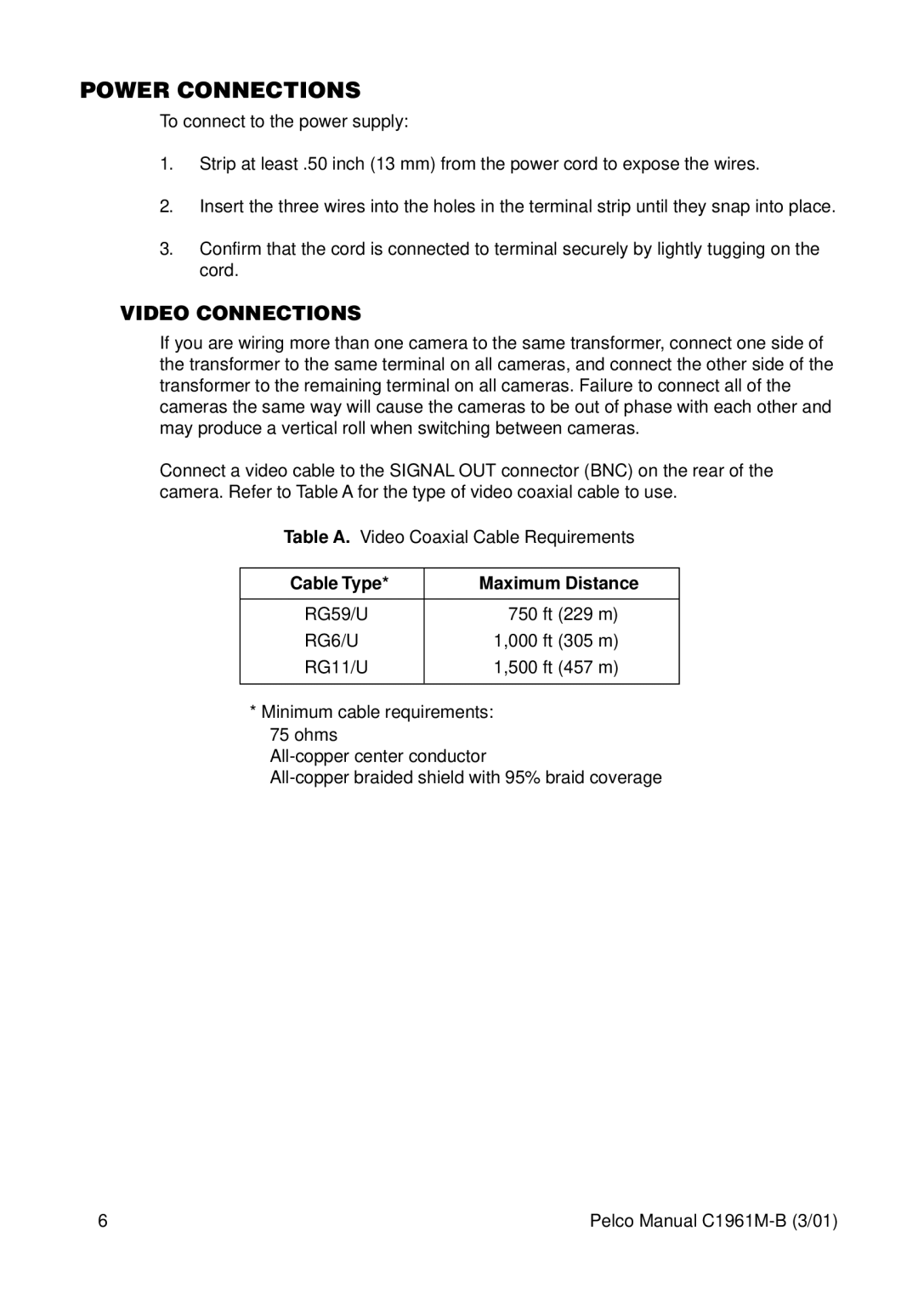 Pelco CCC1300H-2X, MCC1300H-2 operation manual Power Connections, Video Connections, Cable Type Maximum Distance, RG6/U 