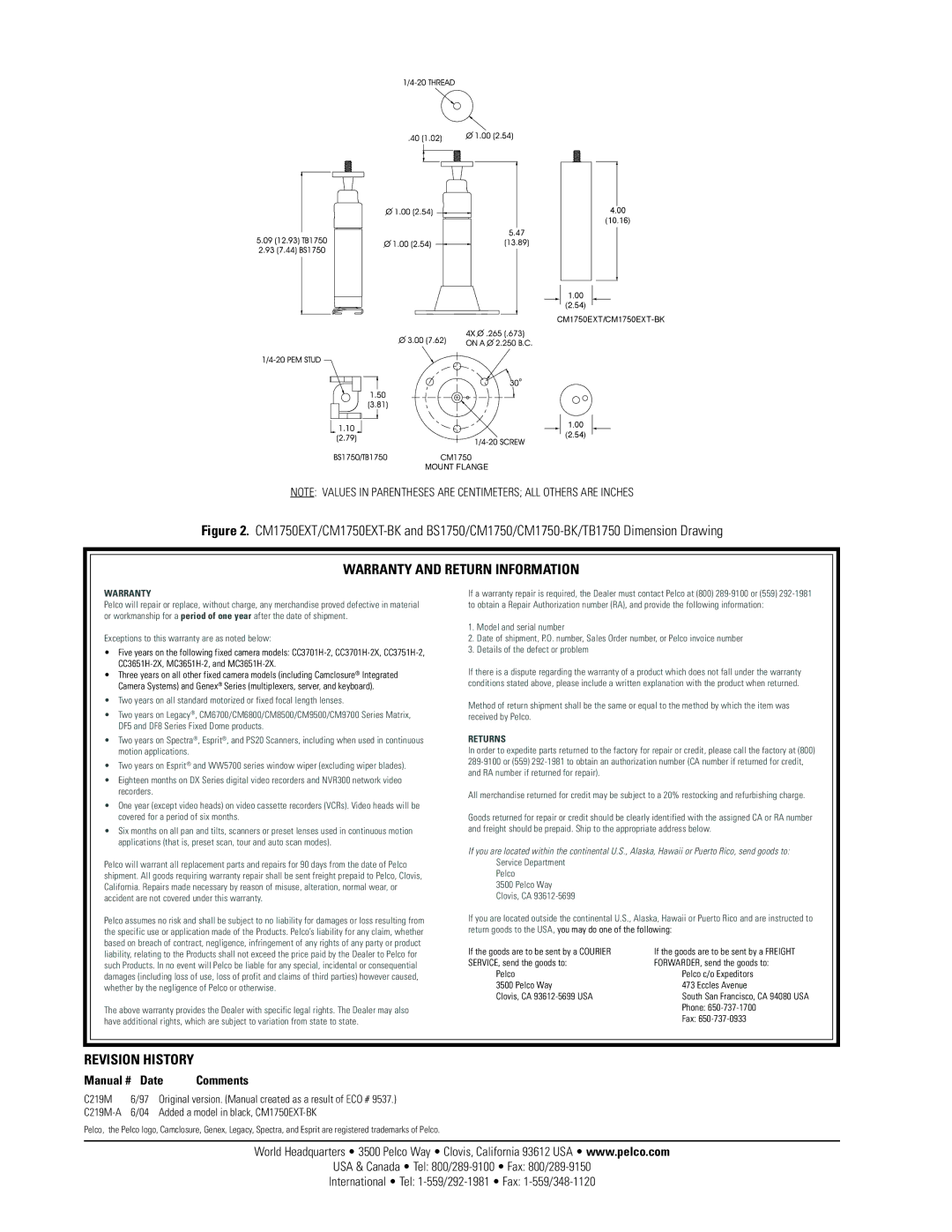 Pelco CM1750EXT-BK installation instructions Manual # Date Comments, Warranty and Return Information, Revision History 