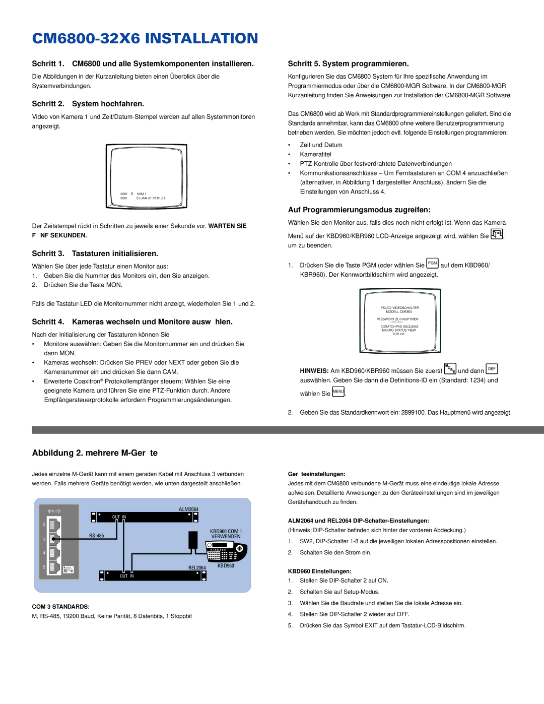 Pelco CM6800-32X6 quick start Schritt 1. CM6800 und alle Systemkomponenten installieren, Schritt 2. System hochfahren 