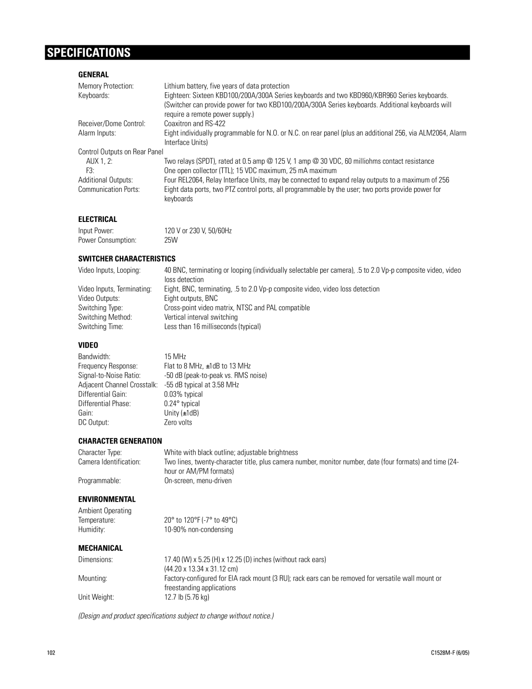 Pelco CM6800E-48X8 manual Specifications 