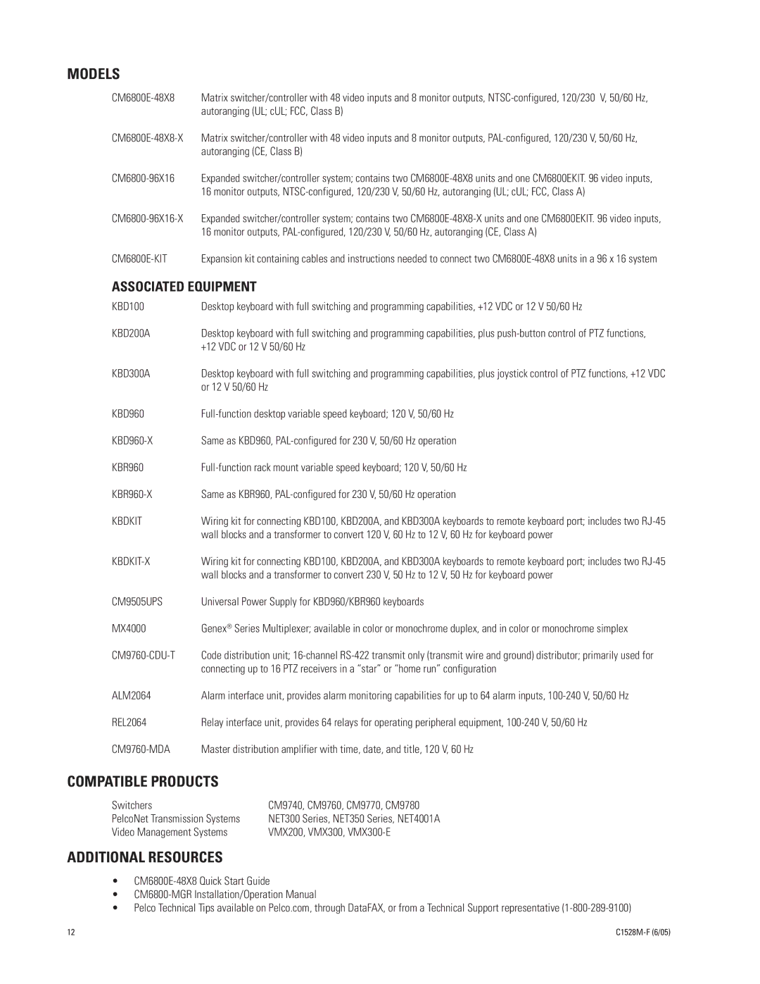 Pelco CM6800E-48X8 manual Models, Compatible Products, Additional Resources, Associated Equipment 