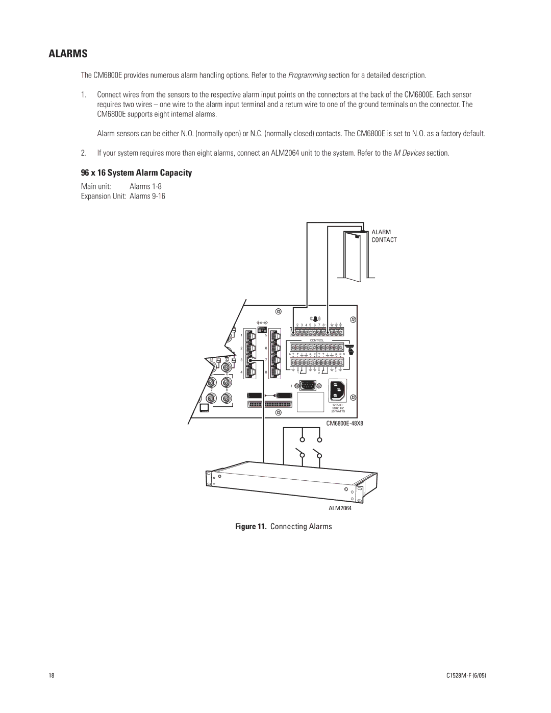 Pelco CM6800E-48X8 manual 96 x 16 System Alarm Capacity, Main unit Alarms Expansion Unit Alarms 