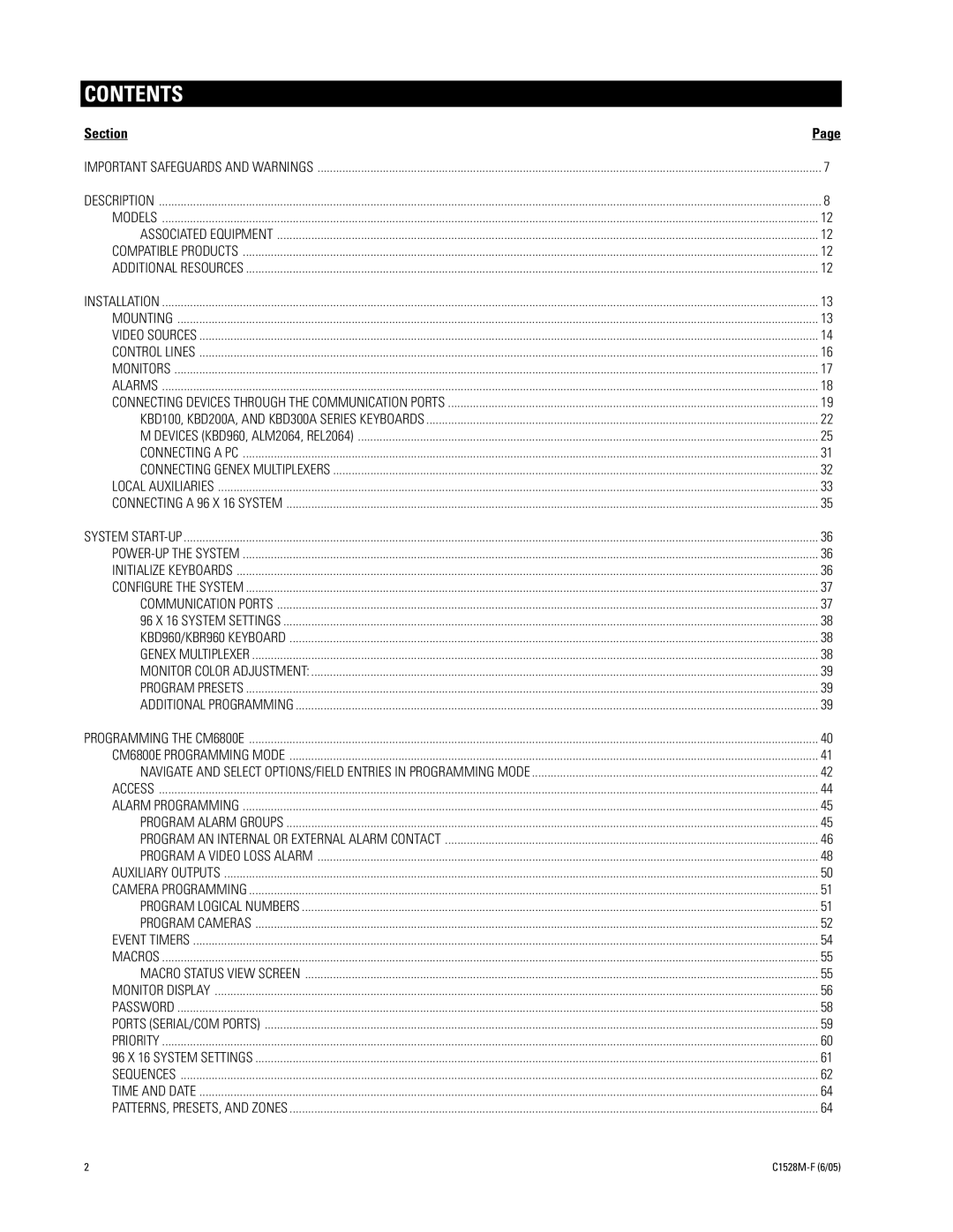 Pelco CM6800E-48X8 manual Contents 