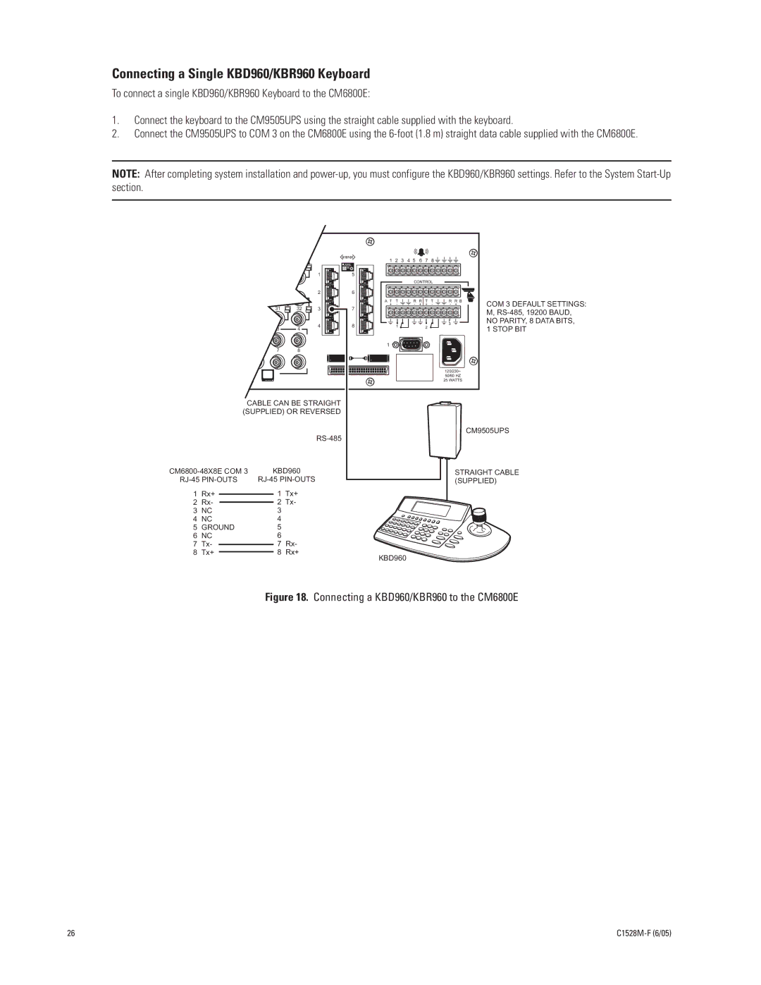 Pelco CM6800E-48X8 manual Connecting a Single KBD960/KBR960 Keyboard, Connecting a KBD960/KBR960 to the CM6800E 