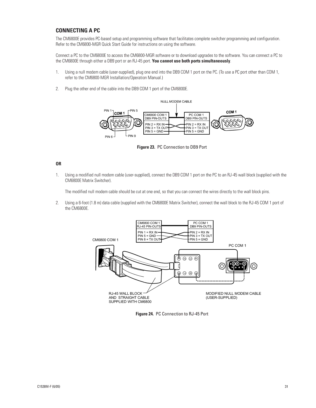 Pelco CM6800E-48X8 manual Connecting a PC, PC Connection to RJ-45 Port 