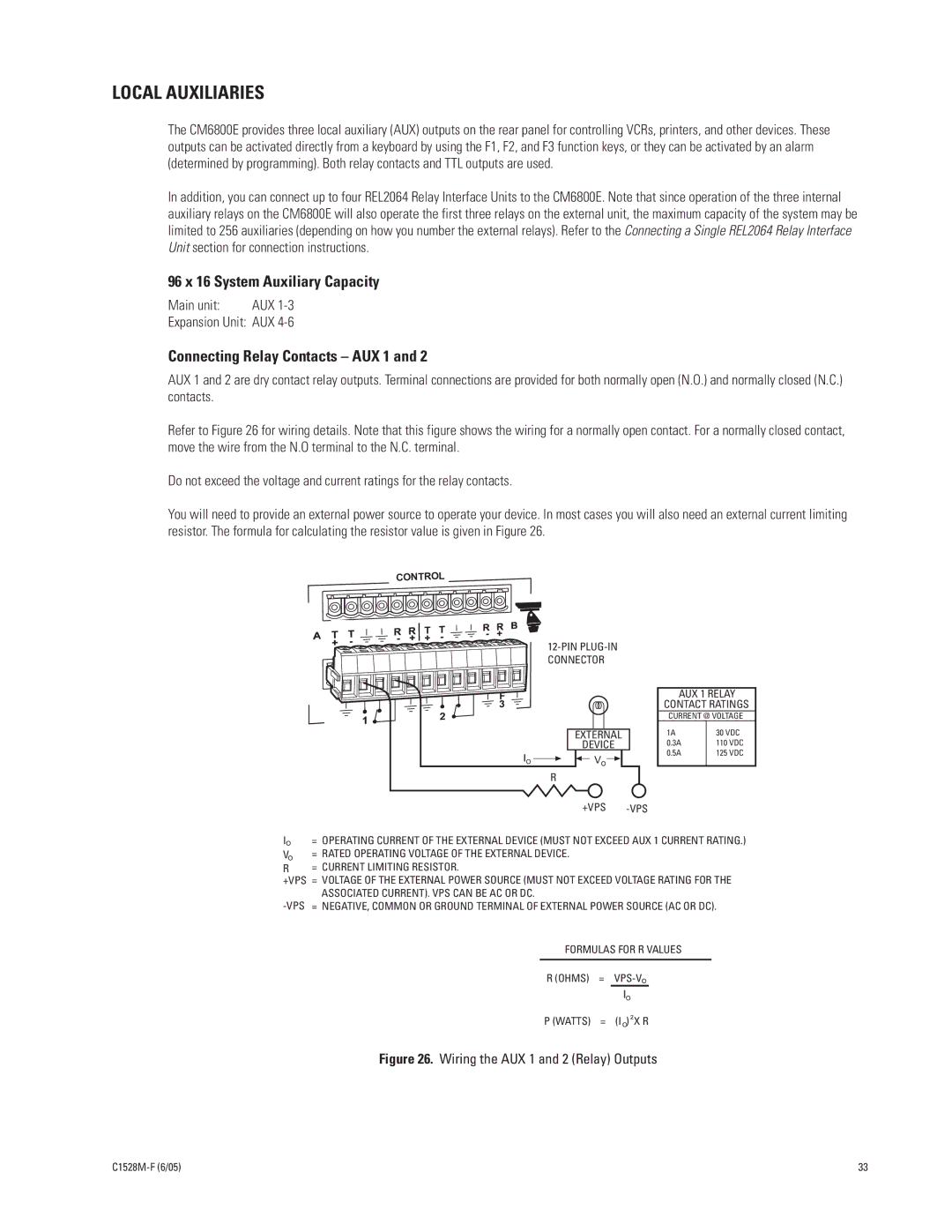 Pelco CM6800E-48X8 manual Local Auxiliaries, 96 x 16 System Auxiliary Capacity, Connecting Relay Contacts AUX 1 