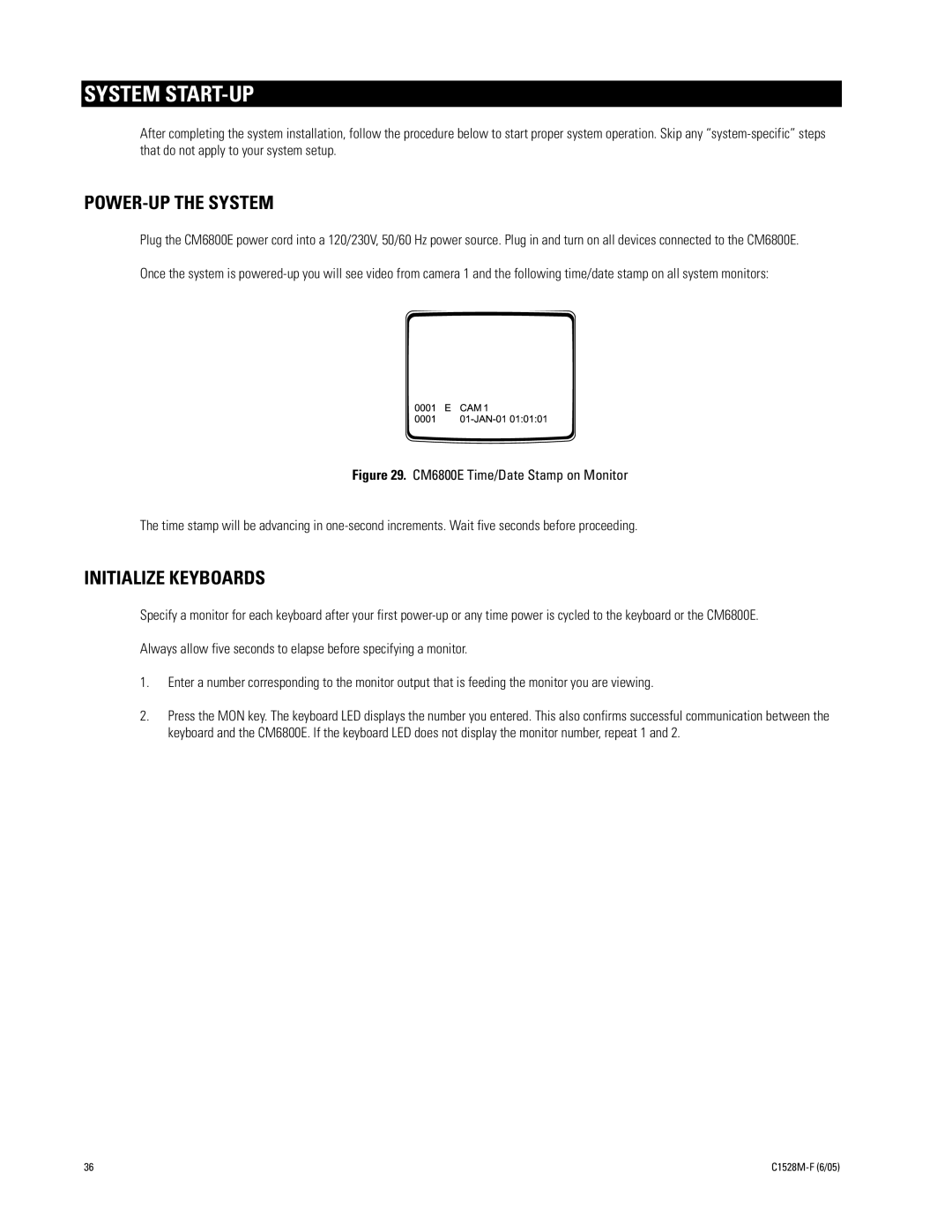 Pelco CM6800E-48X8 manual System START-UP, POWER-UP the System, Initialize Keyboards 