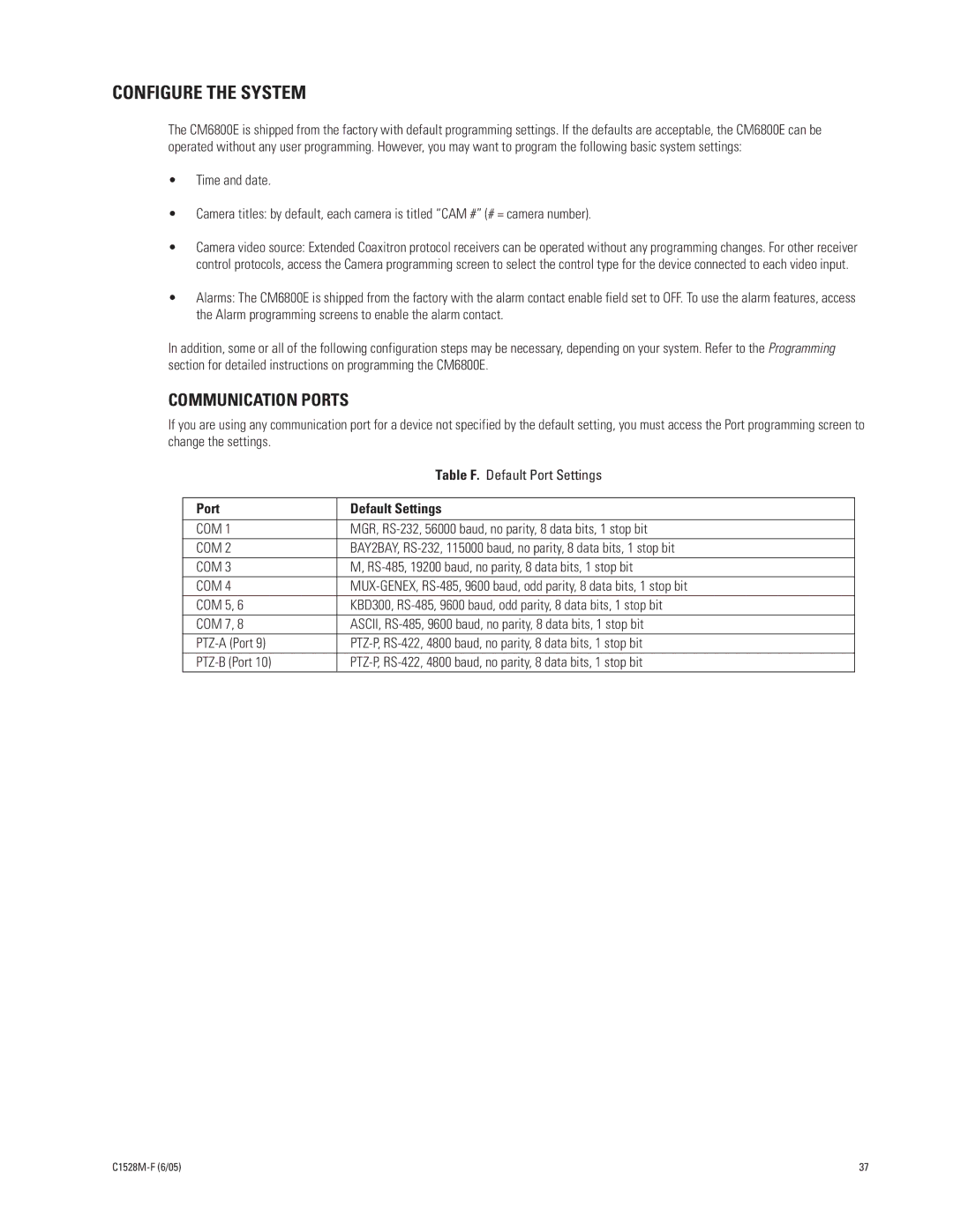 Pelco CM6800E-48X8 manual Configure the System, Communication Ports, Port Default Settings 