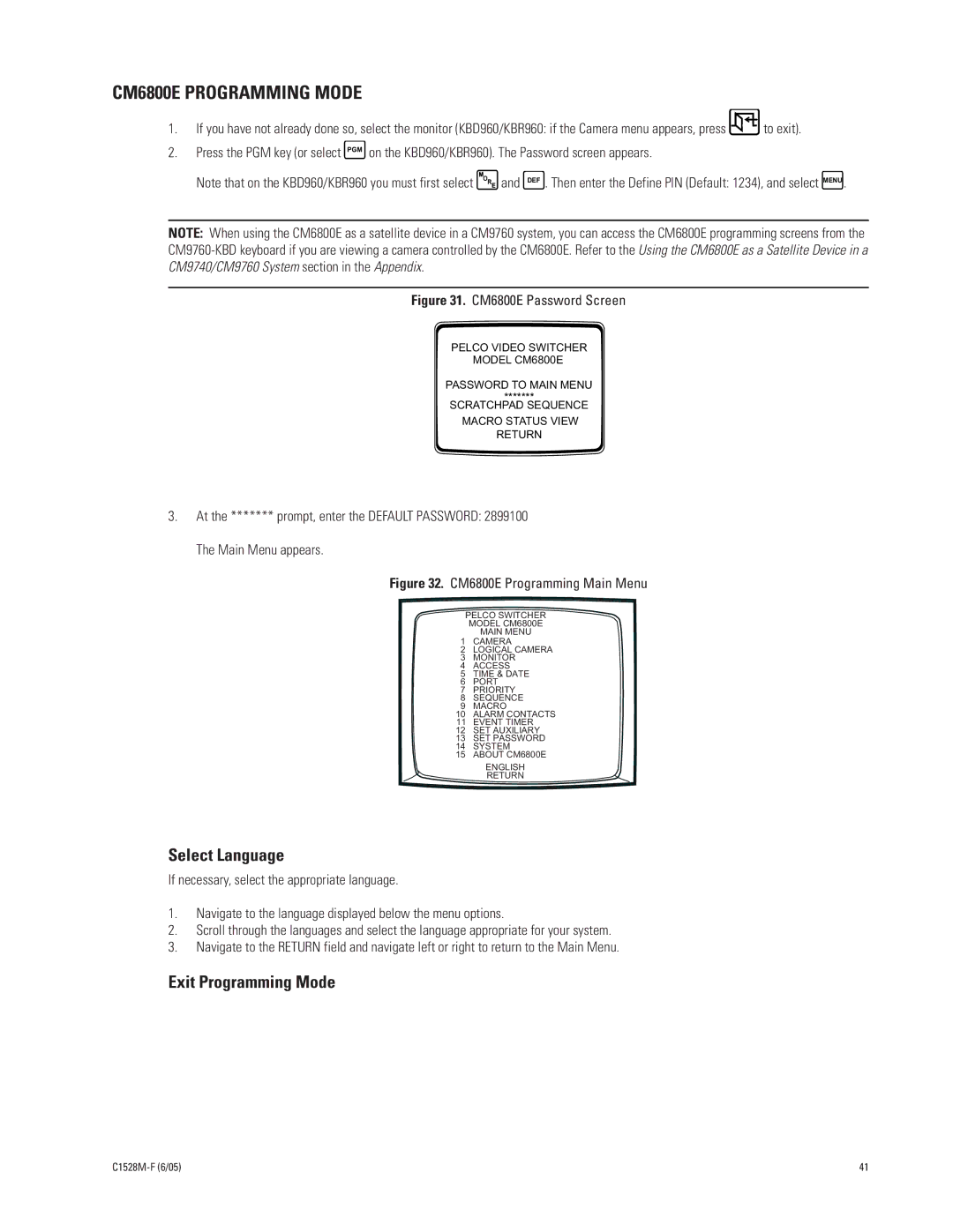 Pelco CM6800E-48X8 manual CM6800E Programming Mode, Select Language, Exit Programming Mode 