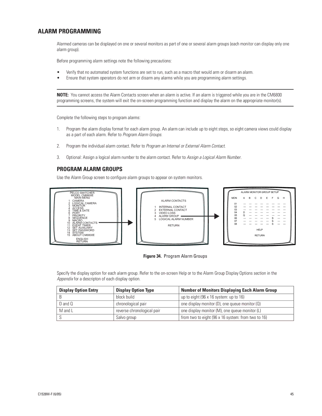 Pelco CM6800E-48X8 manual Alarm Programming, Program Alarm Groups 