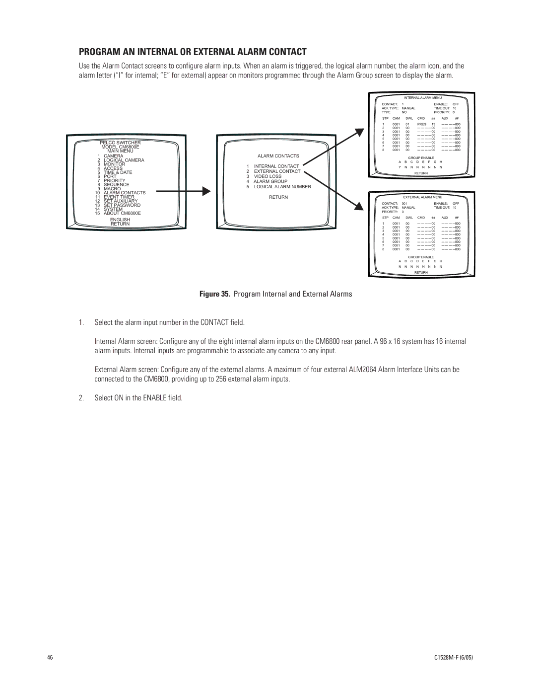 Pelco CM6800E-48X8 manual Program AN Internal or External Alarm Contact 