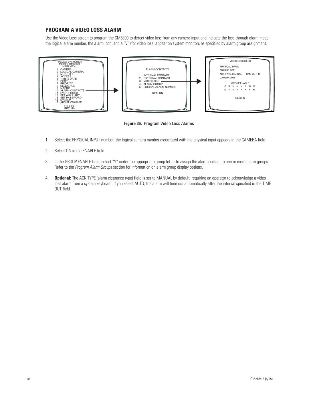 Pelco CM6800E-48X8 manual Program a Video Loss Alarm, Program Video Loss Alarms 