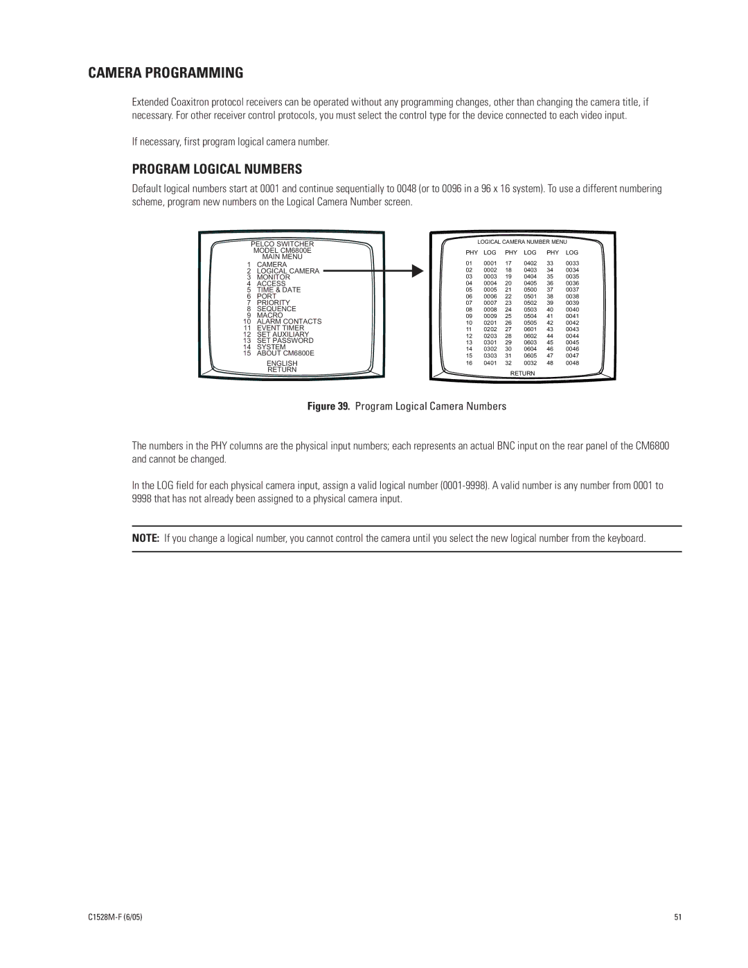 Pelco CM6800E-48X8 manual Camera Programming, Program Logical Numbers, If necessary, first program logical camera number 