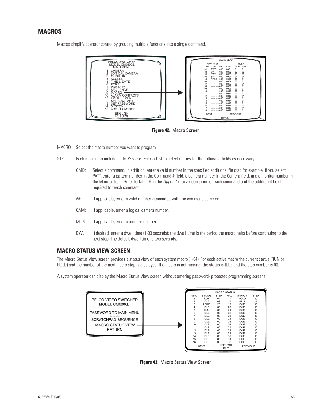 Pelco CM6800E-48X8 manual Macros, Macro Status View Screen 