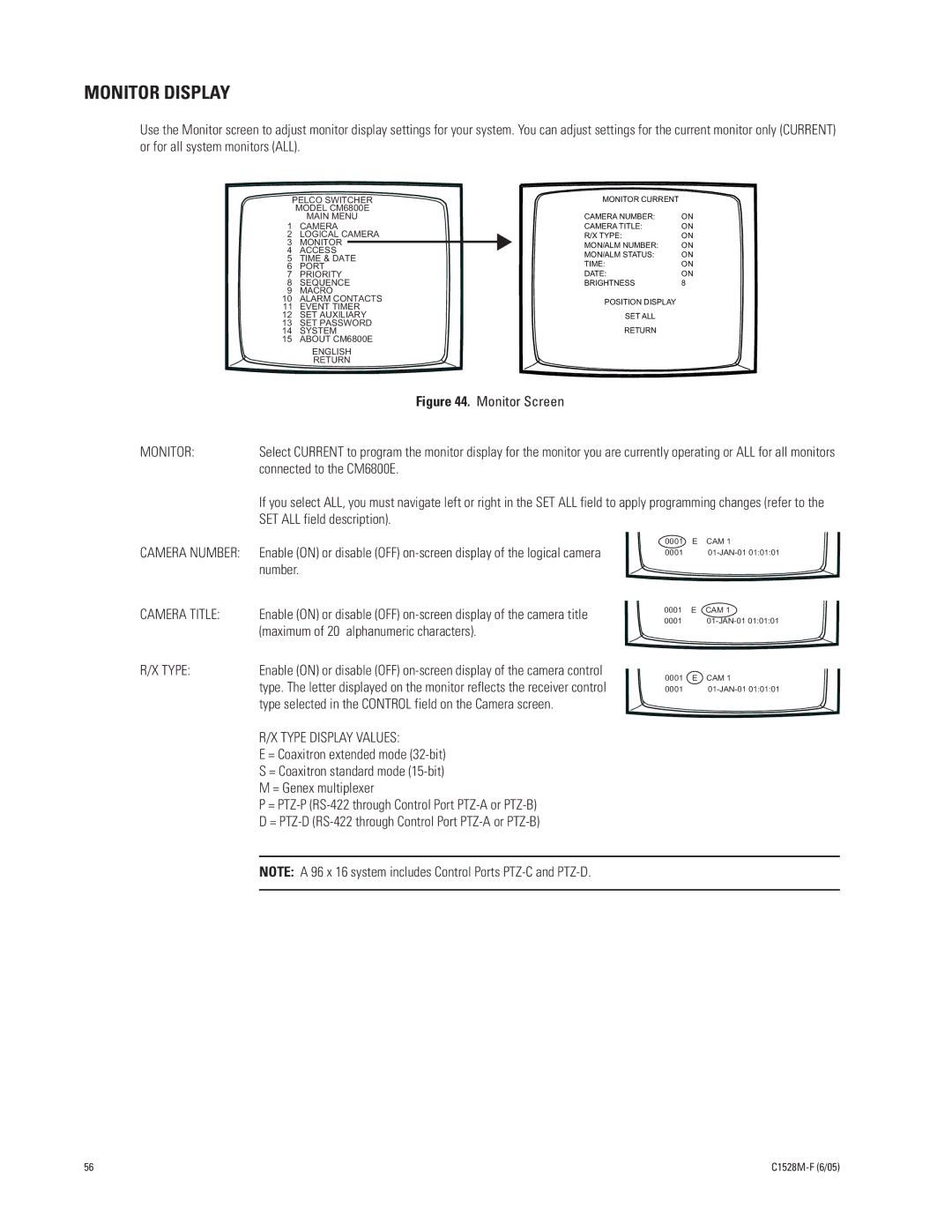 Pelco CM6800E-48X8 manual Monitor Display, Camera Title, Type Display Values 