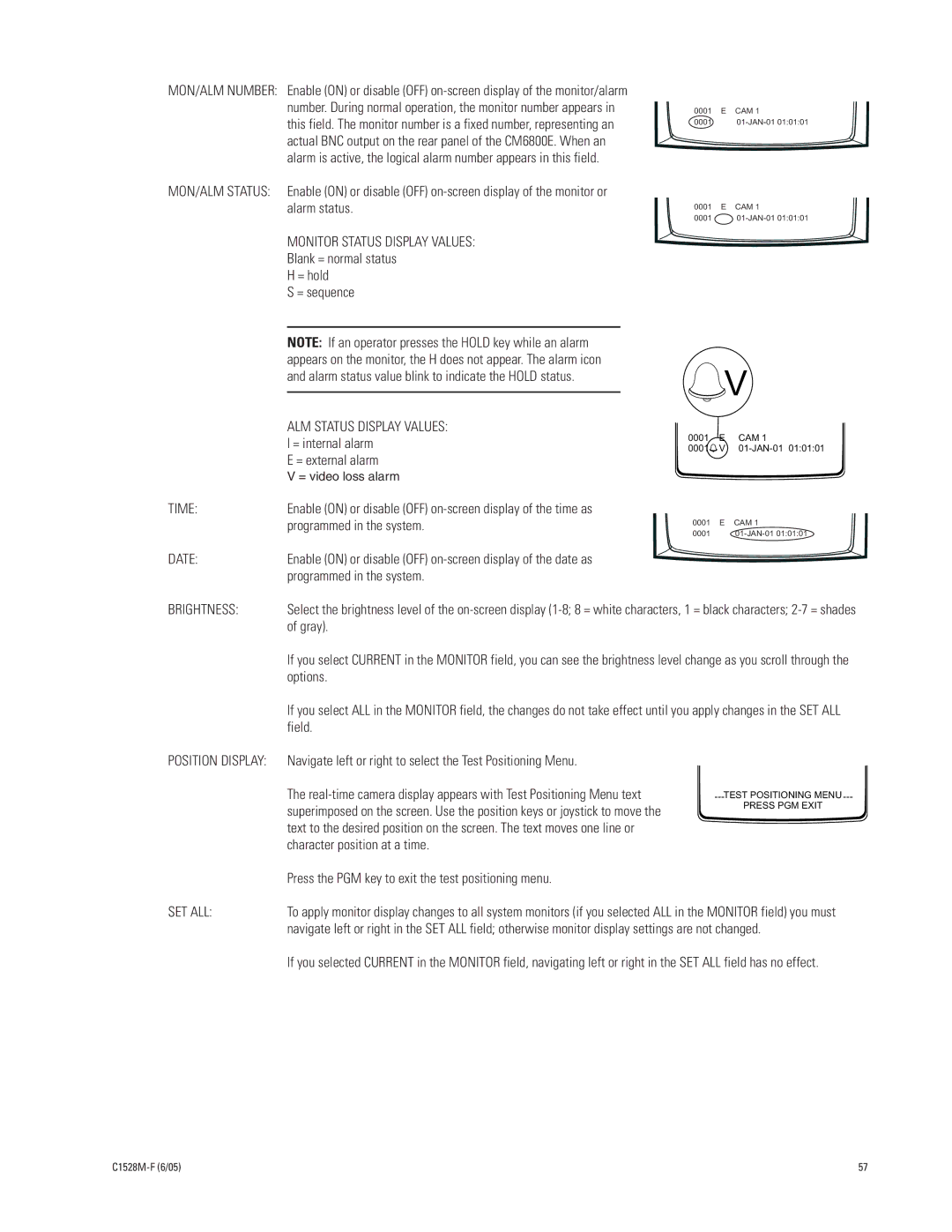 Pelco CM6800E-48X8 manual Monitor Status Display Values, ALM Status Display Values, Time, Date, Brightness, Set All 