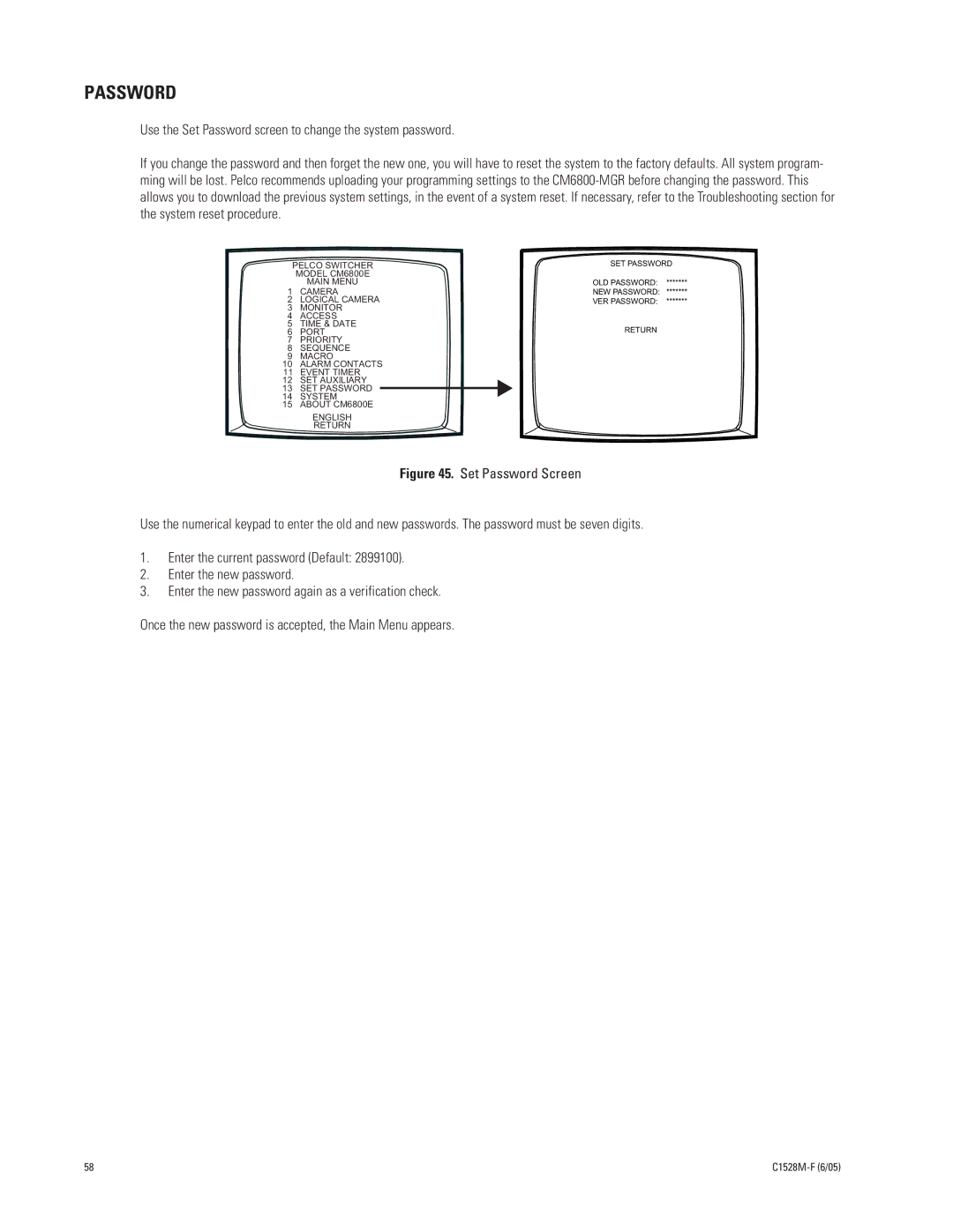 Pelco CM6800E-48X8 manual Use the Set Password screen to change the system password 