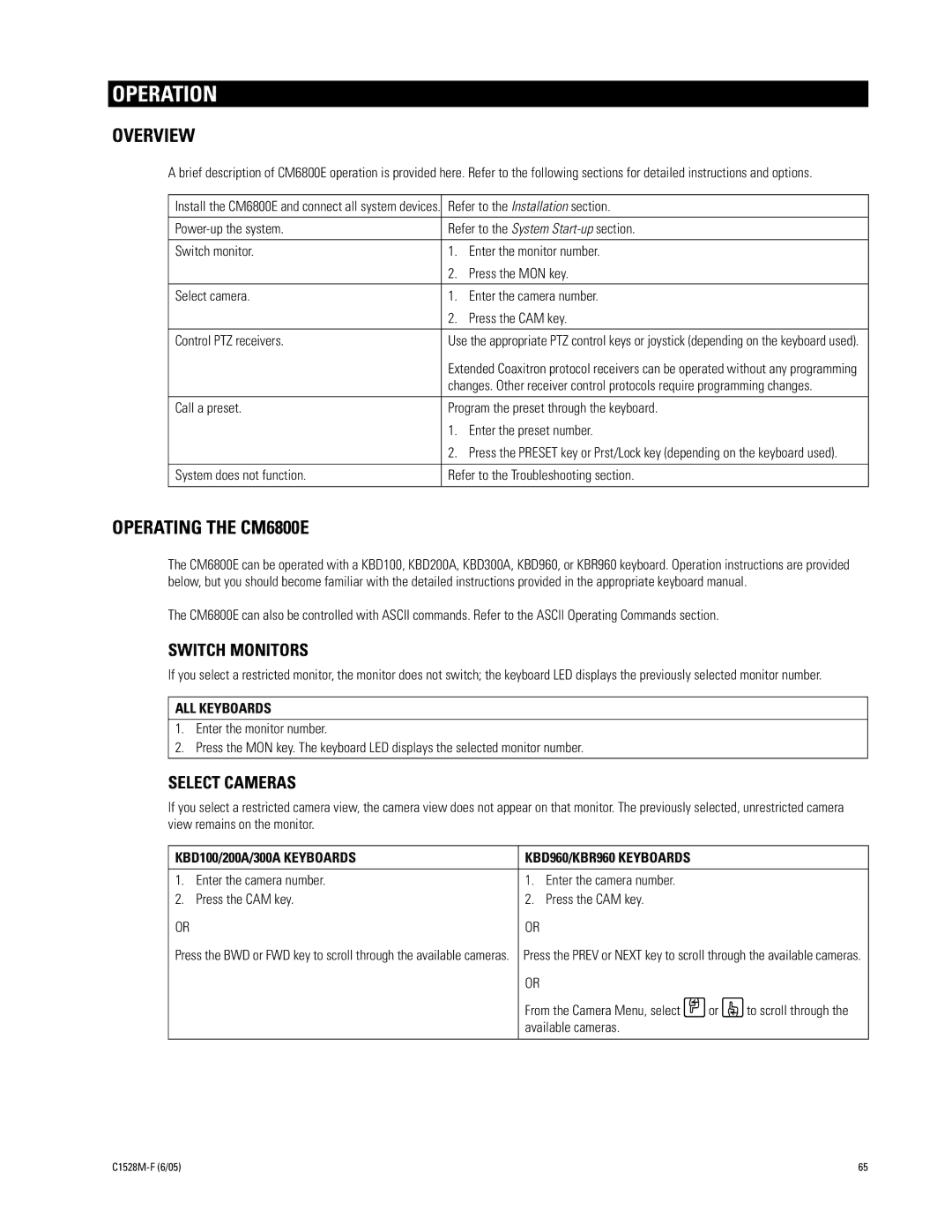 Pelco CM6800E-48X8 manual Operation, Overview, Operating the CM6800E, Switch Monitors, Select Cameras 