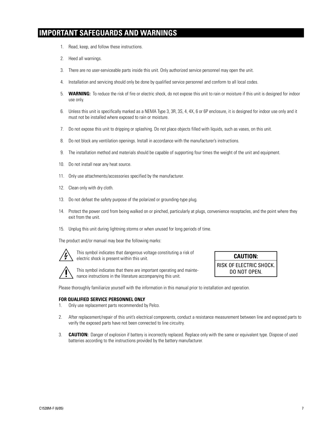 Pelco CM6800E-48X8 manual Important Safeguards and Warnings, For Qualified Service Personnel only 