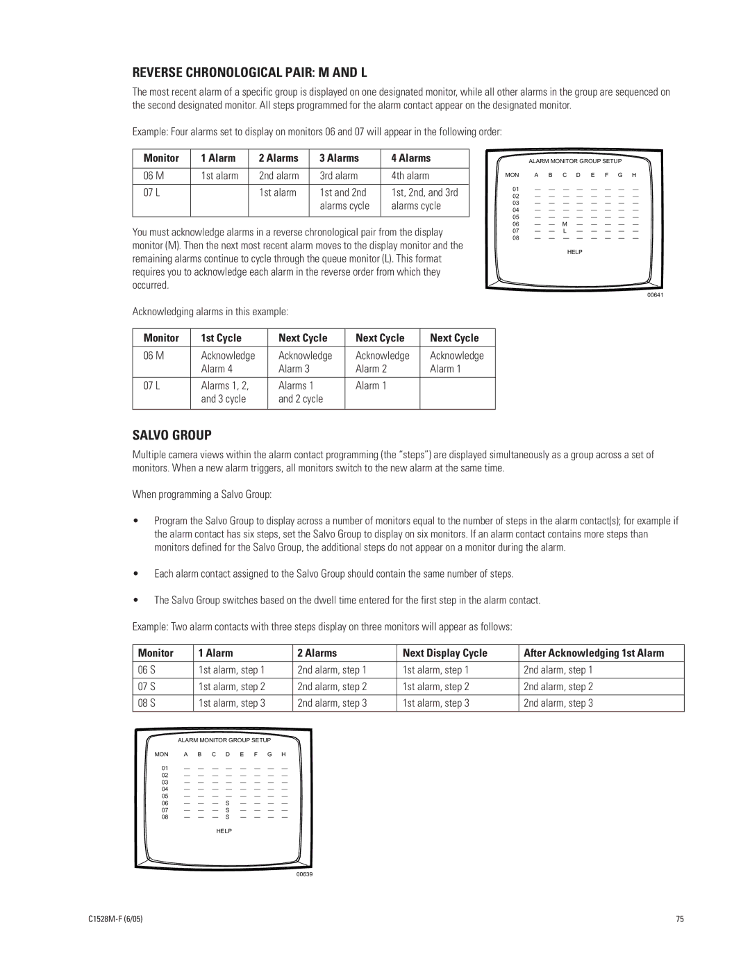 Pelco CM6800E-48X8 manual Reverse Chronological Pair M and L, Salvo Group, Monitor Alarm Alarms Next Display Cycle 