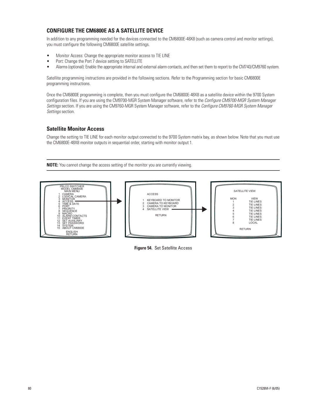 Pelco CM6800E-48X8 manual Configure the CM6800E AS a Satellite Device, Satellite Monitor Access 