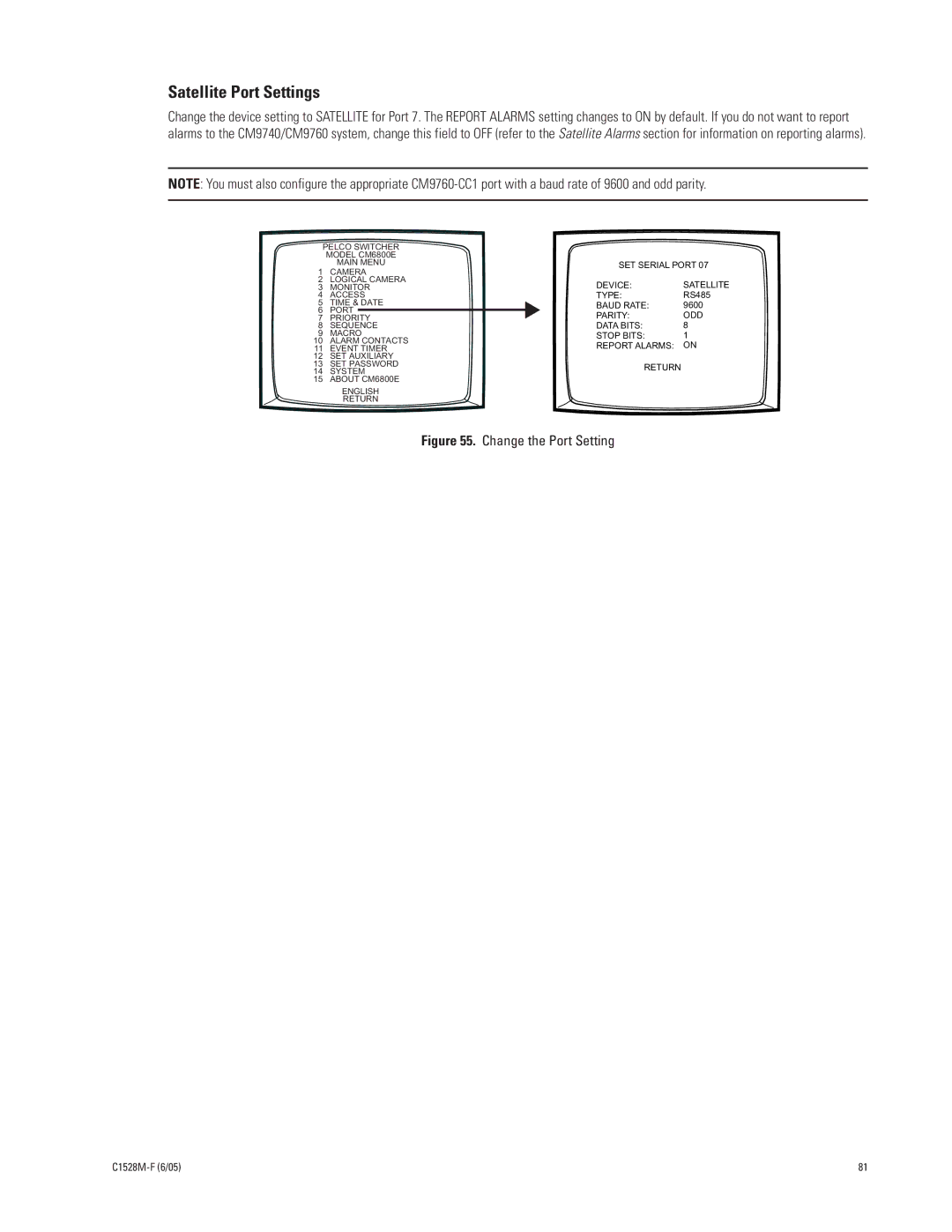 Pelco CM6800E-48X8 manual Satellite Port Settings, Change the Port Setting 