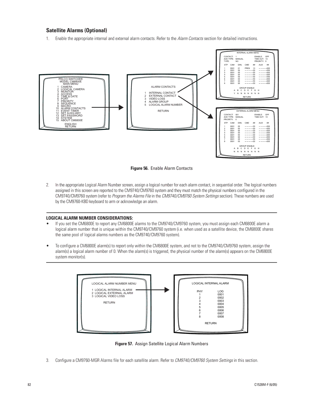 Pelco CM6800E-48X8 manual Satellite Alarms Optional, Enable Alarm Contacts 