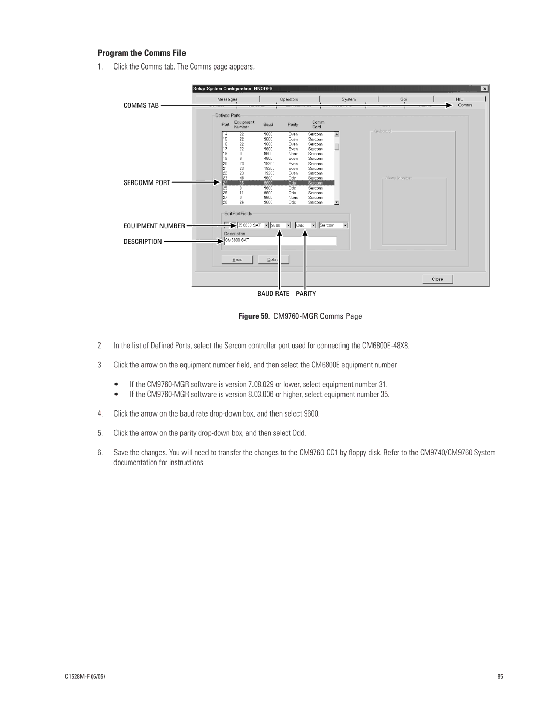 Pelco CM6800E-48X8 manual Program the Comms File, Click the Comms tab. The Comms page appears 