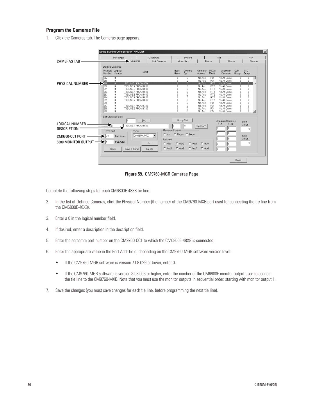 Pelco CM6800E-48X8 manual Program the Cameras File, Click the Cameras tab. The Cameras page appears 