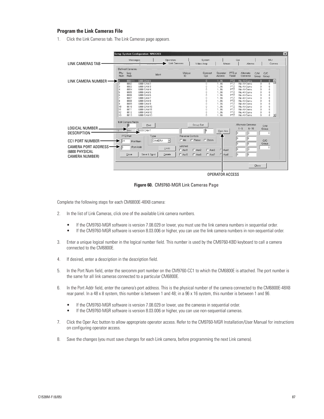 Pelco CM6800E-48X8 manual Program the Link Cameras File, Click the Link Cameras tab. The Link Cameras page appears 