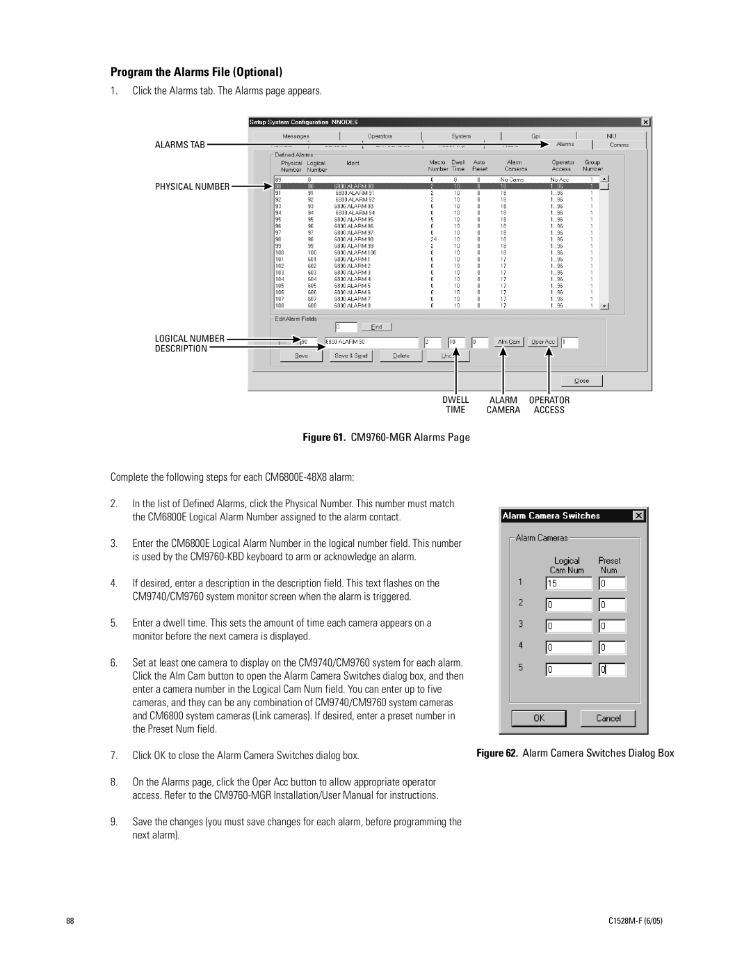 Pelco CM6800E-48X8 manual Program the Alarms File Optional, Click the Alarms tab. The Alarms page appears 