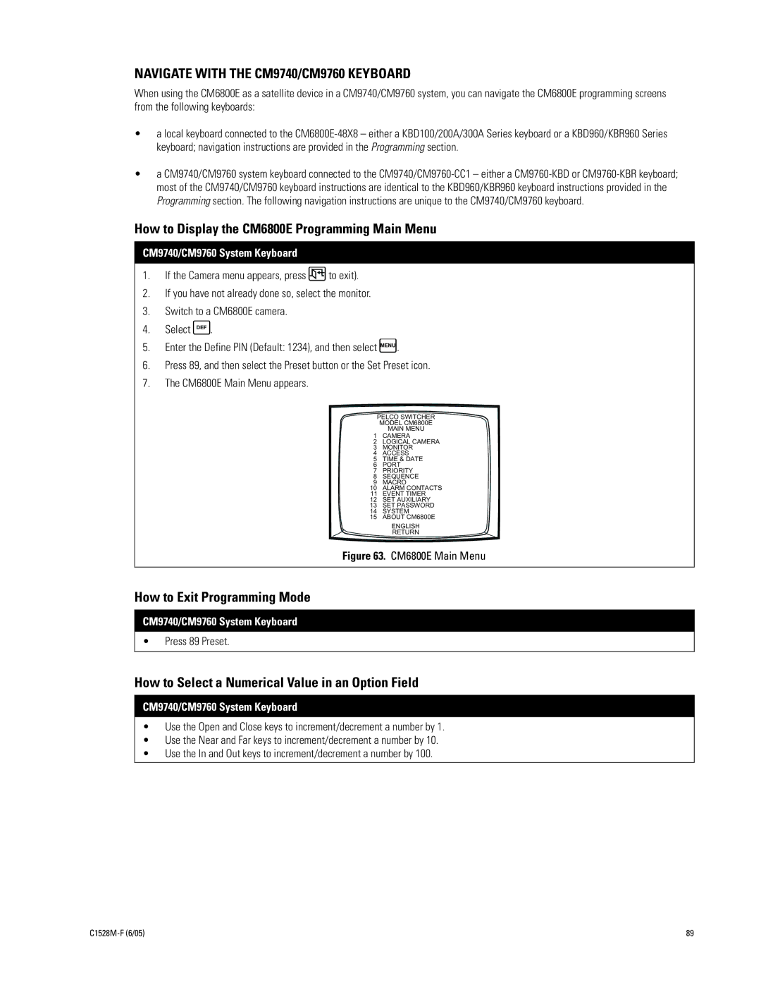 Pelco CM6800E-48X8 manual Navigate with the CM9740/CM9760 Keyboard, How to Display the CM6800E Programming Main Menu 