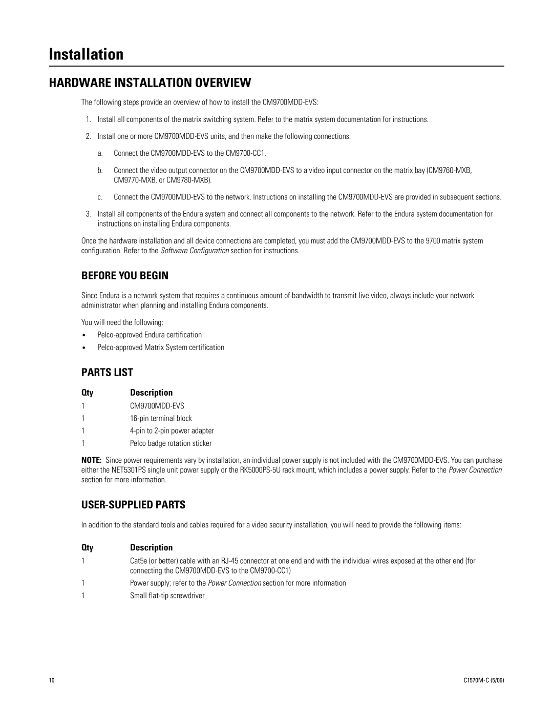 Pelco CM9700MDD-EVS manual Hardware Installation Overview, Before YOU Begin, Parts List, USER-SUPPLIED Parts 