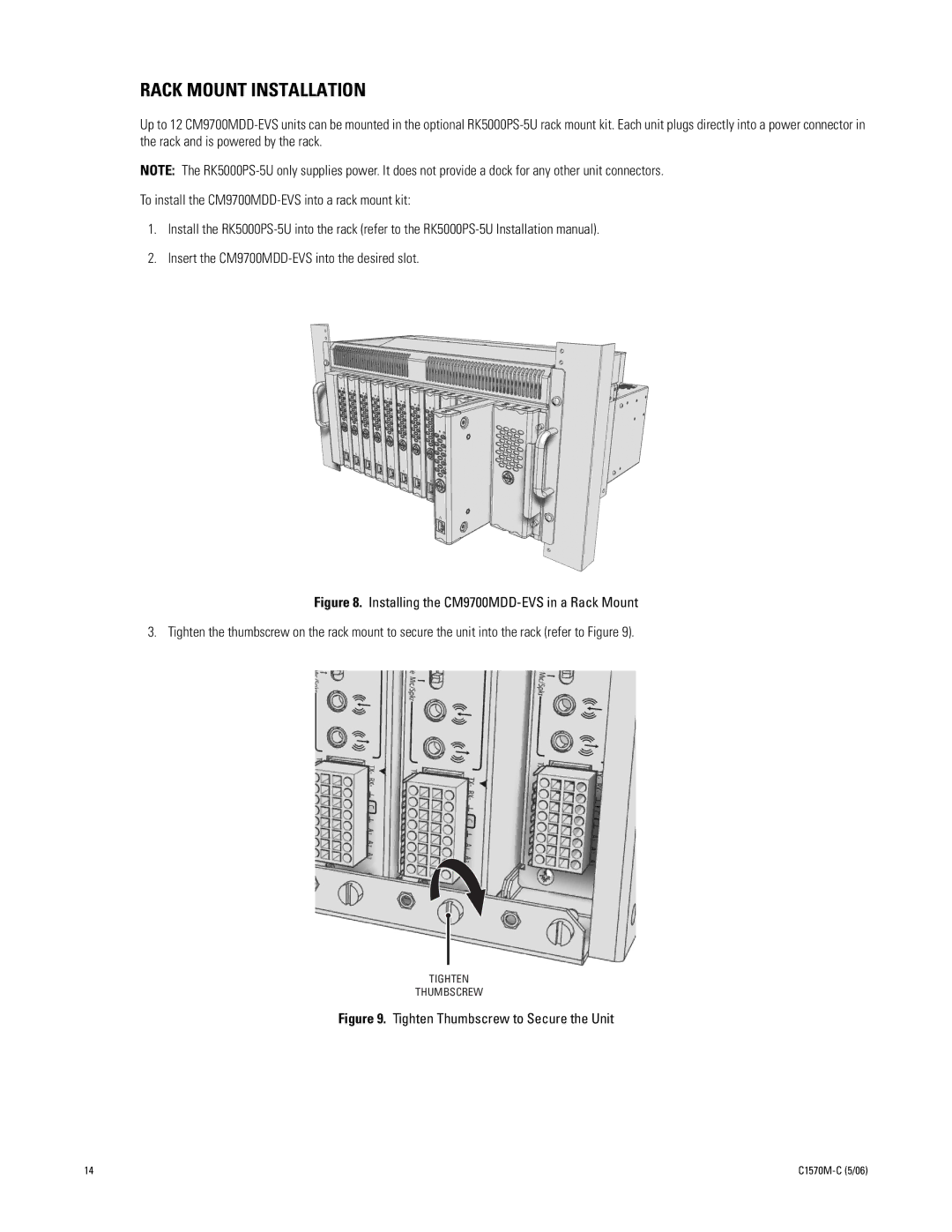 Pelco CM9700MDD-EVS manual Rack Mount Installation, Tighten Thumbscrew to Secure the Unit 