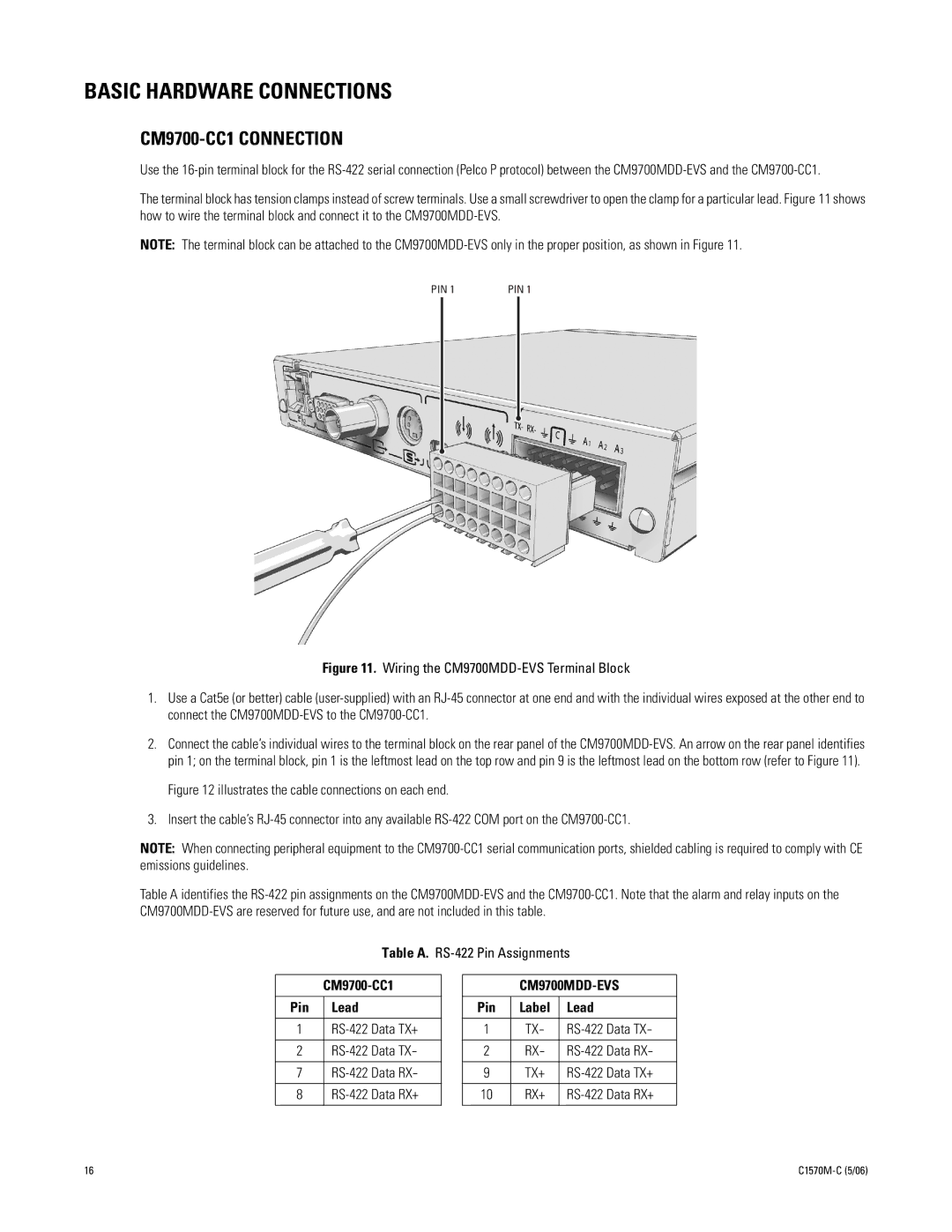 Pelco CM9700MDD-EVS manual Basic Hardware Connections, CM9700-CC1 Connection, CM9700-CC1 Pin Lead, Pin Label Lead 