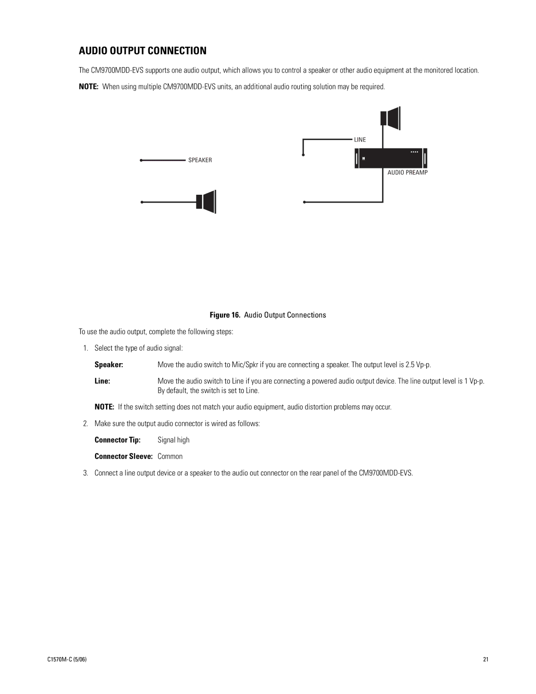 Pelco CM9700MDD-EVS manual Audio Output Connection, Line, Connector Tip, Connector Sleeve Common 