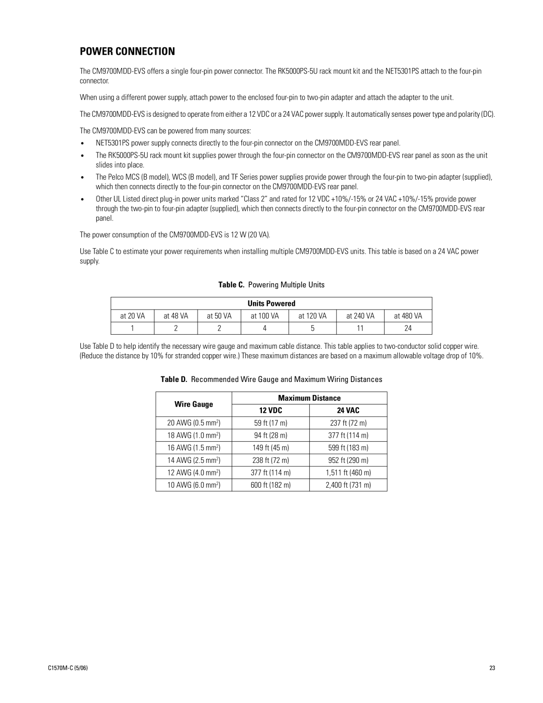 Pelco CM9700MDD-EVS manual Power Connection, Units Powered, Wire Gauge Maximum Distance 