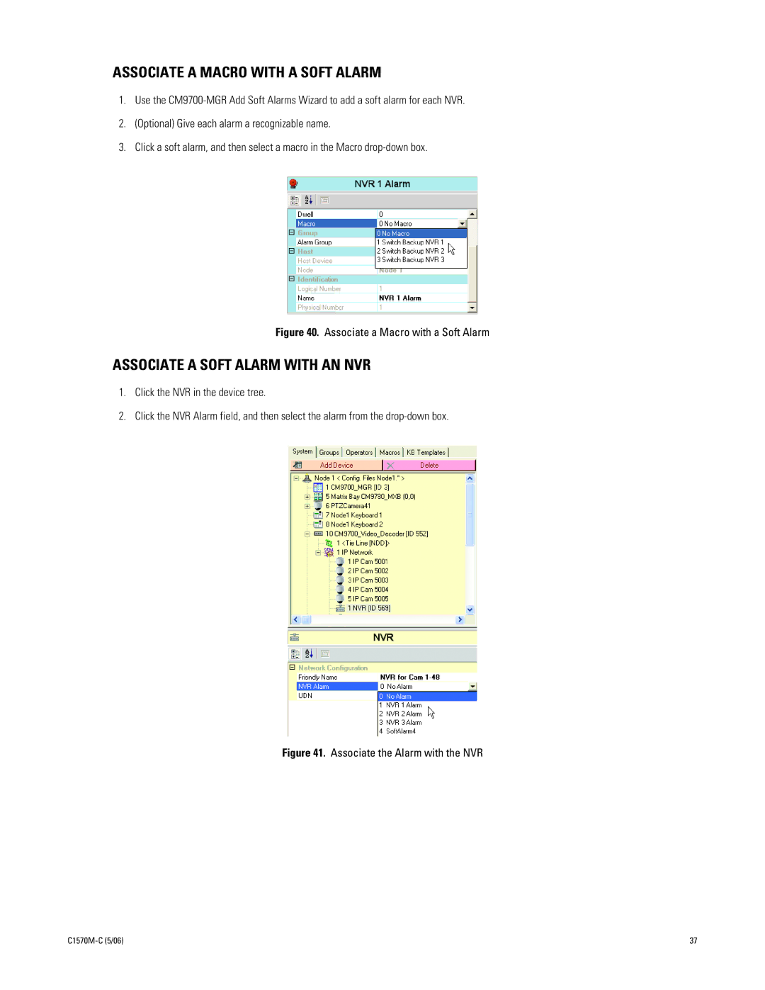 Pelco CM9700MDD-EVS manual Associate a Macro with a Soft Alarm, Associate a Soft Alarm with AN NVR 
