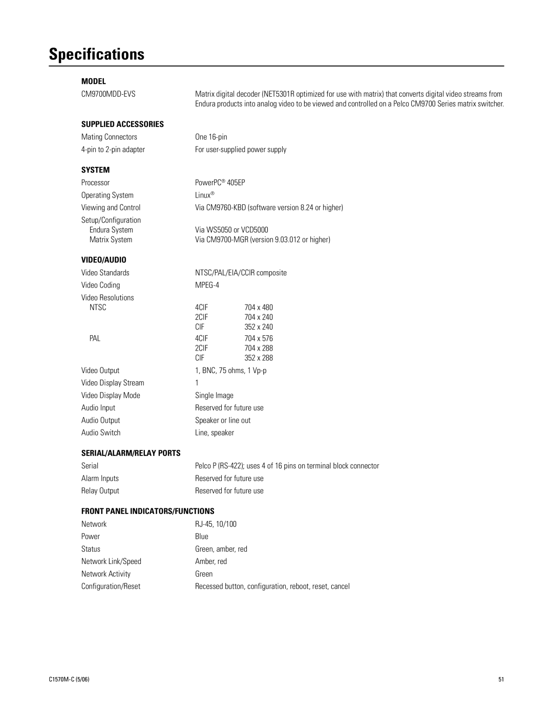 Pelco CM9700MDD-EVS manual Specifications, Model 