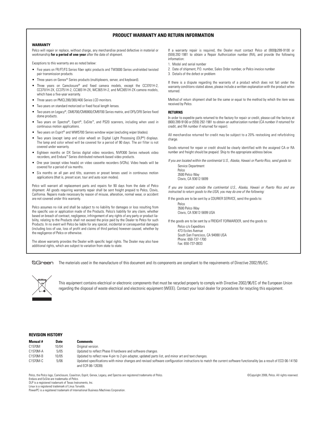 Pelco CM9700MDD-EVS manual Product Warranty and Return Information 